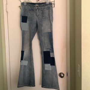 Faded Blue Patchwork Flared Jeans